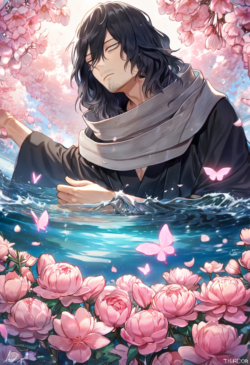 absurdres, highres, ultra detailed, HDR, master piece, best quality, Eraser Head, black hair, medium-lenght hair, expressive gray eyes, boku no hero academia, faint beard, black clothes, gray scarf, solo, sexy man, handsome, fantasy, shining, water, pink flowers, pink blossoms, pink butterflies, pink petals