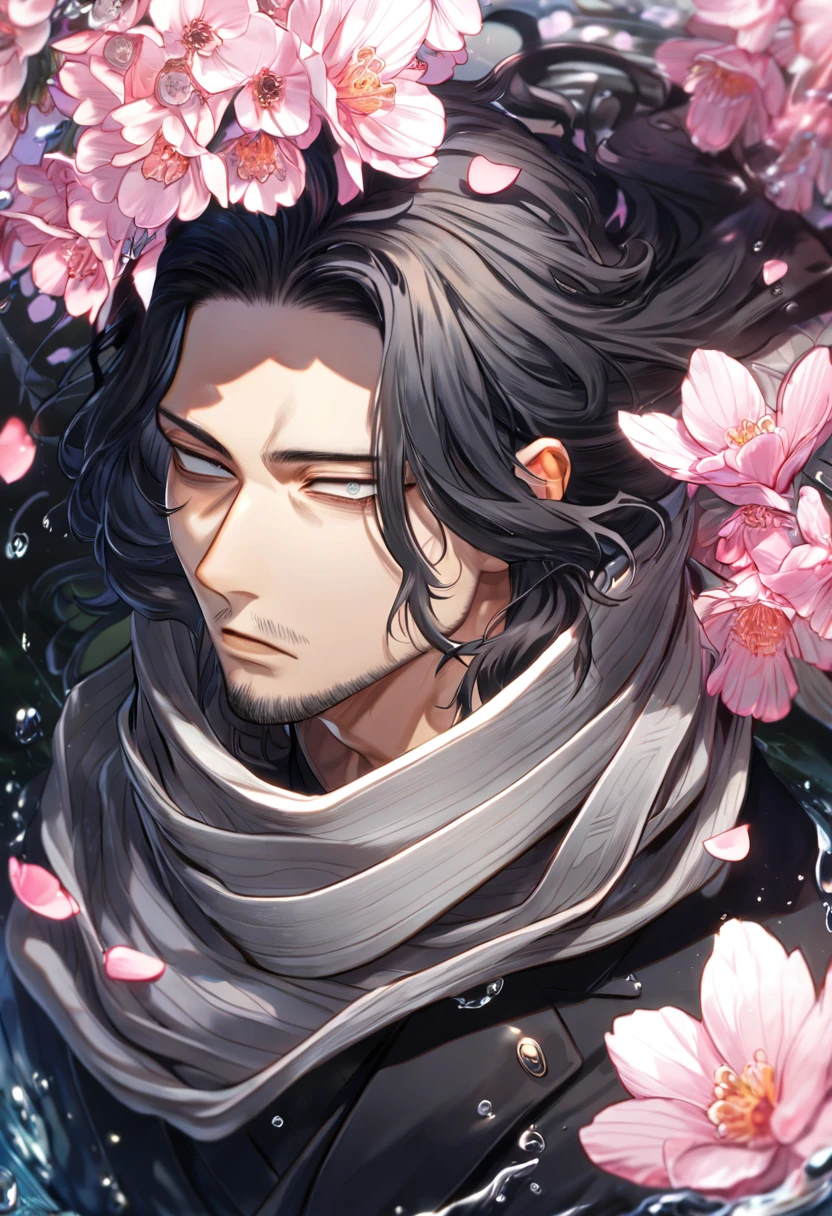 absurdres, highres, ultra detailed, HDR, master piece, best quality, Eraser Head, black hair, medium-lenght hair, expressive gray eyes, boku no hero academia, faint beard, black clothes, gray scarf, solo, sexy man, handsome, fantasy, shining, water, pink flowers, pink blossoms, pink butterflies, pink petals