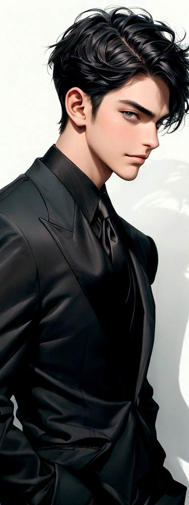 (masterpiece best qualtiy)( AI art)(high qualtiy)1 boy , handsome, charming, fresh,(detail face), (detail eyes), ignore face, thick neck , pointed chin, black hair, short hair, tall, stronger, Sharp eyes, Badass, no tattoos, potrait, looking at view, smirk face , standing, prince suit, sky background