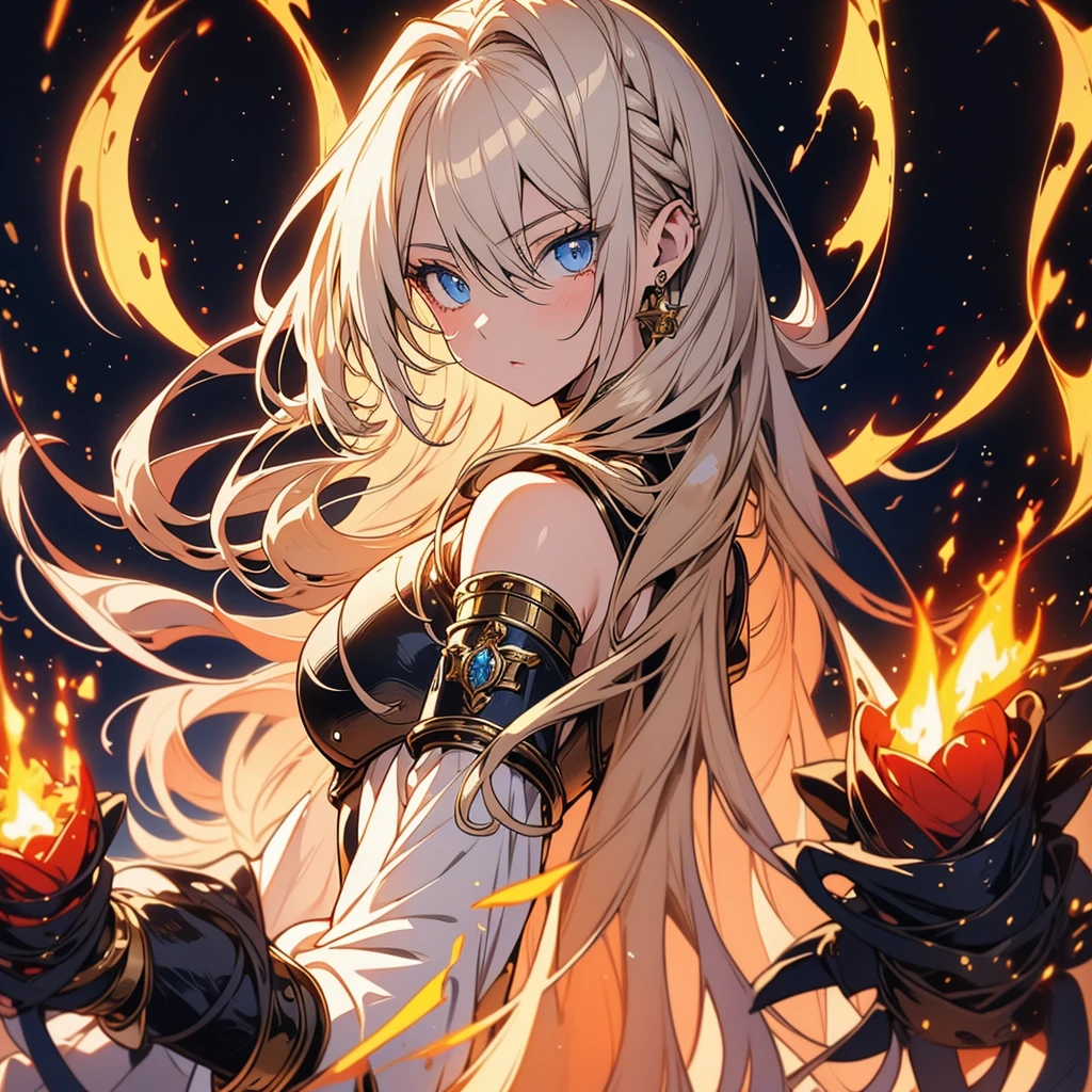 Create an enhanced edition image of a pretty girl in anime style, featuring long blonde hair, captivating blue eyes, and porcelain-like skin. She stands gracefully near a medieval castle, clad in a shimmering silver armor adorned with intricate golden details in the style of Fate Stay Night anime. The armor's decorations take the form of crosses and roses, adding to its elegance. Shadows dance around her, enhancing the dramatic effect, while flames flicker nearby, adding an element of intensity and mystique to the scene. The composition exudes symmetry and balance, with the girl's pose radiating confidence and poise. Ensure the image captures the essence of anime artistry, with vibrant colors and meticulous attention to detail, creating a captivating fantasy world that draws viewers into its enchanting realm.