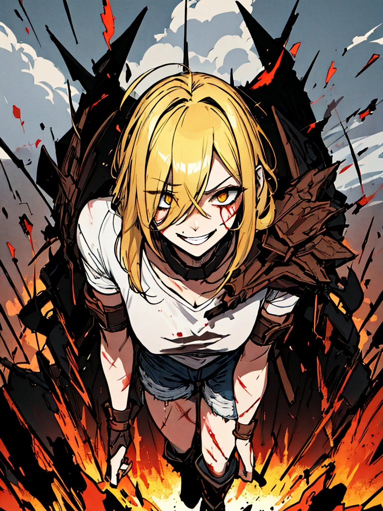 (absurdres, 8k, 4k, masterpiece, hyper extreme detailed:1.2), solo, 1girl, front view, portrait, best quality, expressive eyes, perfect face, 1girl, portrait, solo, standing, Female, toned body, mature female, small breasts, pale, hair covering one eye, long hair, adult, gold eyes, psychotic, laughing, blood, bloody, falling, clouds, crazy eyes, messy hair, swept bangs, perfect anatomy, front view, apocalypse background, t-shirt, shorts, scars, scuffs, injuries, reckless, dangerous, blonde hair, insane, crazy, chaotic, destruction, death, burning church background, emotionless, evil, restless, cold, malicious, menacing, anti hero, dark magic, demonic, bleeding, restless, cloak, armor, torn clothing, tattered clothes, pale skin, blackened armor, sword, smirk, full body, gauntlets, grieves, sinister, survivor,