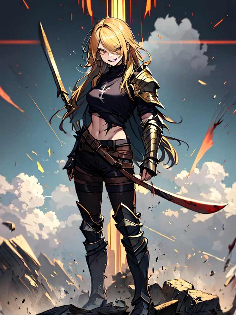 (absurdres, 8k, 4k, masterpiece, hyper extreme detailed:1.2), solo, 1girl, front view, portrait, best quality, expressive eyes, perfect face, 1girl, portrait, solo, standing, Female, toned body, mature female, small breasts, pale, hair covering one eye, long hair, adult, gold eyes, psychotic, laughing, blood, bloody, falling, clouds, crazy eyes, messy hair, swept bangs, perfect anatomy, front view, apocalypse background, t-shirt, shorts, scars, scuffs, injuries, reckless, dangerous, blonde hair, insane, crazy, chaotic, destruction, death, burning church background, emotionless, evil, restless, cold, malicious, menacing, anti hero, dark magic, demonic, bleeding, restless, cloak, armor, torn clothing, tattered clothes, pale skin, blackened armor, sword, smirk, full body, gauntlets, grieves, sinister, survivor,