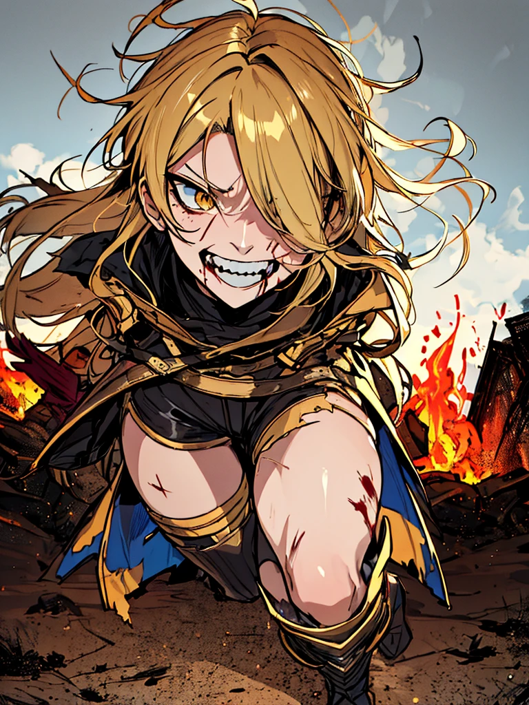 (absurdres, 8k, 4k, masterpiece, hyper extreme detailed:1.2), solo, 1girl, front view, portrait, best quality, expressive eyes, perfect face, 1girl, portrait, solo, standing, Female, toned body, mature female, small breasts, pale, hair covering one eye, long hair, adult, gold eyes, psychotic, laughing, blood, bloody, falling, clouds, crazy eyes, messy hair, swept bangs, perfect anatomy, front view, apocalypse background, t-shirt, shorts, scars, scuffs, injuries, reckless, dangerous, blonde hair, insane, crazy, chaotic, destruction, death, burning church background, emotionless, evil, restless, cold, malicious, menacing, anti hero, dark magic, demonic, bleeding, restless, cloak, armor, torn clothing, tattered clothes, pale skin, blackened armor, sword, smirk, full body, gauntlets, grieves, sinister, survivor,