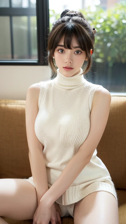 ( masterpiece, precise, Anatomically_correct, Texture_skin, excellent_detail, the best_quality, 1080P, HD, 4K, 8K, 16K), (beautiful_detailed_Eyes, beautiful_detailed_Lips, extremely_detailed_Eyes_and_Face), Soft_light, Physically based_Rendering, vivid_color, (Large target_breast:1.5), (short hair_thin braids_Bun hairstyle), (shining_hair, shining_skin, Face红), (Bangs:1.5), Eye_reflection, (Bokeh), 微lol_and_lol, (sleeveless_turtleneck sweater_knitting:1.5) ,(sit on the chair,Spread your legs,See panties),