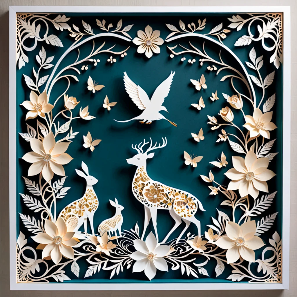 Create a detailed paper cutout artwork depicting a scene that combines intricate patterns with various flowers. The scene should include a harmonious blend of elaborate, decorative patterns interwoven with different types of flowers such as roses, lilies, and cherry blossoms. The patterns should enhance and complement the shapes and colors of the flowers, creating a seamless integration between the floral elements and the abstract designs. The artwork should evoke a sense of beauty and intricacy, highlighting the elegance and charm of both the patterns and the flowers. The overall mood should be artistic and enchanting, capturing the delicate beauty of nature through detailed design.