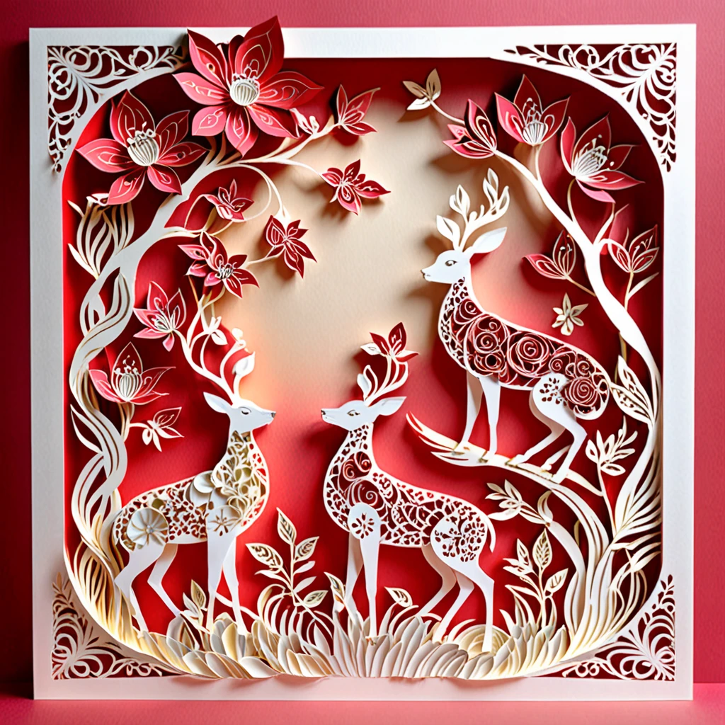Create a detailed paper cutout artwork depicting a scene that combines intricate patterns with various flowers. The scene should include a harmonious blend of elaborate, decorative patterns interwoven with different types of flowers such as roses, lilies, and cherry blossoms. The patterns should enhance and complement the shapes and colors of the flowers, creating a seamless integration between the floral elements and the abstract designs. The artwork should evoke a sense of beauty and intricacy, highlighting the elegance and charm of both the patterns and the flowers. The overall mood should be artistic and enchanting, capturing the delicate beauty of nature through detailed design.