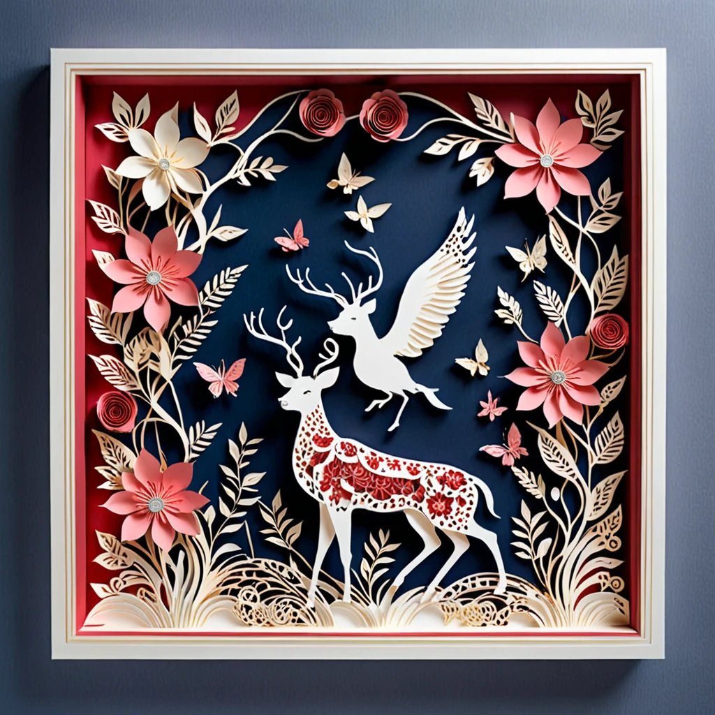 Create a detailed paper cutout artwork depicting a scene that combines intricate patterns with various flowers. The scene should include a harmonious blend of elaborate, decorative patterns interwoven with different types of flowers such as roses, lilies, and cherry blossoms. The patterns should enhance and complement the shapes and colors of the flowers, creating a seamless integration between the floral elements and the abstract designs. The artwork should evoke a sense of beauty and intricacy, highlighting the elegance and charm of both the patterns and the flowers. The overall mood should be artistic and enchanting, capturing the delicate beauty of nature through detailed design.