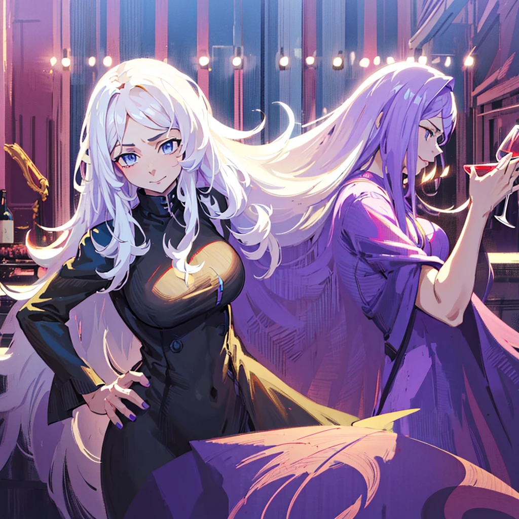 a beautiful woman with long wavy white hair, bright blue eyes, wearing a sexy black dress, holding a glass of wine, another beautiful woman with long dark purple hair, bright purple eyes, wearing a sexy black dress, holding a glass of wine, elegant club night interior, high quality, photorealistic, masterpiece, ultra-detailed, vivid colors, dramatic lighting