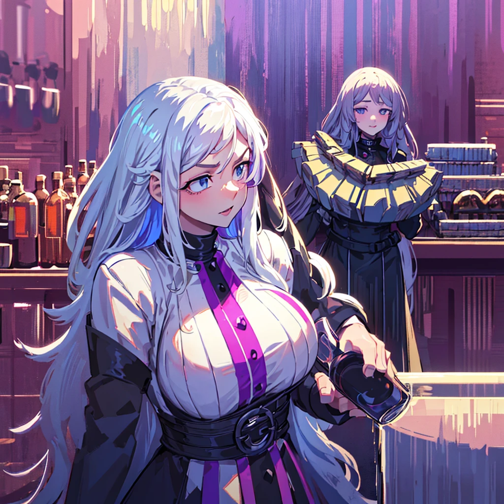 a beautiful woman with long wavy white hair, bright blue eyes, wearing a sexy black dress, holding a glass of wine, another beautiful woman with long dark purple hair, bright purple eyes, wearing a sexy black dress, holding a glass of wine, elegant club night interior, high quality, photorealistic, masterpiece, ultra-detailed, vivid colors, dramatic lighting