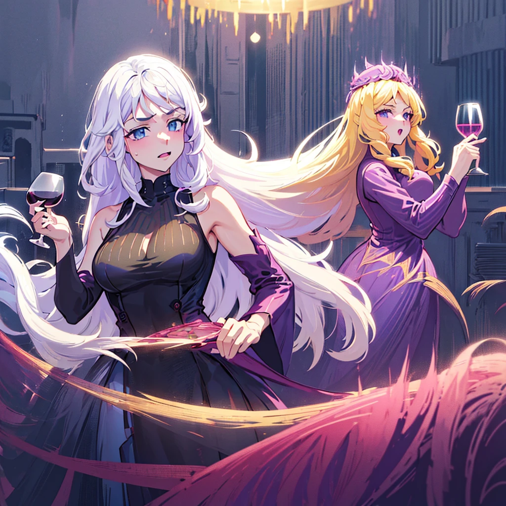 a beautiful woman with long wavy white hair, bright blue eyes, wearing a sexy black dress, holding a glass of wine, another beautiful woman with long dark purple hair, bright purple eyes, wearing a sexy black dress, holding a glass of wine, elegant club night interior, high quality, photorealistic, masterpiece, ultra-detailed, vivid colors, dramatic lighting