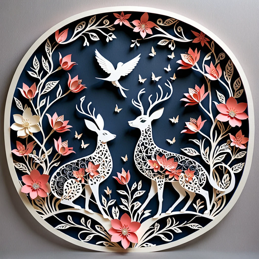 Create a detailed paper cutout artwork depicting a scene that combines intricate patterns with various flowers. The scene should include a harmonious blend of elaborate, decorative patterns interwoven with different types of flowers such as roses, lilies, and cherry blossoms. The patterns should enhance and complement the shapes and colors of the flowers, creating a seamless integration between the floral elements and the abstract designs. The artwork should evoke a sense of beauty and intricacy, highlighting the elegance and charm of both the patterns and the flowers. The overall mood should be artistic and enchanting, capturing the delicate beauty of nature through detailed design.