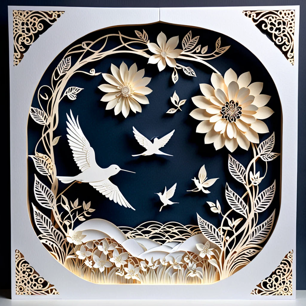 Create a detailed paper cutout artwork depicting a scene that combines intricate patterns with various flowers. The scene should include a harmonious blend of elaborate, decorative patterns interwoven with different types of flowers such as roses, lilies, and cherry blossoms. The patterns should enhance and complement the shapes and colors of the flowers, creating a seamless integration between the floral elements and the abstract designs. The artwork should evoke a sense of beauty and intricacy, highlighting the elegance and charm of both the patterns and the flowers. The overall mood should be artistic and enchanting, capturing the delicate beauty of nature through detailed design.