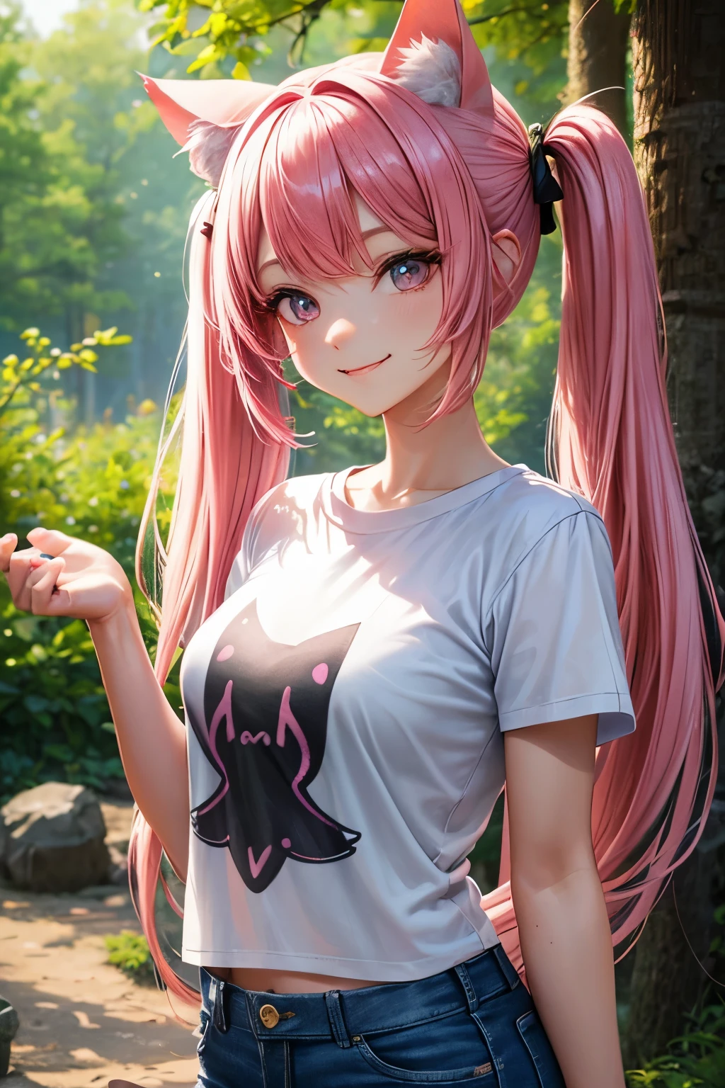 Best quality, High resolution, Perfect human structure, Cat ears, Front view, Glossy hair, Pink hair, Twintails, Forest, Flowers, Gradient eyes, Sleek bangs, Frontal angle, T-shirt, Jeans, Smile