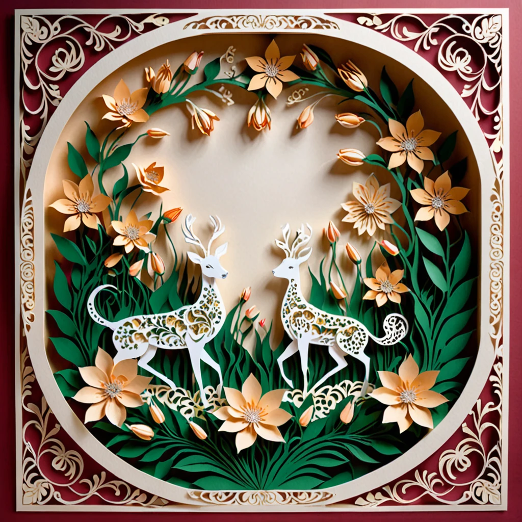 Create a detailed paper cutout artwork depicting a scene that combines intricate patterns with various flowers. The scene should include a harmonious blend of elaborate, decorative patterns interwoven with different types of flowers such as roses, lilies, and cherry blossoms. The patterns should enhance and complement the shapes and colors of the flowers, creating a seamless integration between the floral elements and the abstract designs. The artwork should evoke a sense of beauty and intricacy, highlighting the elegance and charm of both the patterns and the flowers. The overall mood should be artistic and enchanting, capturing the delicate beauty of nature through detailed design.