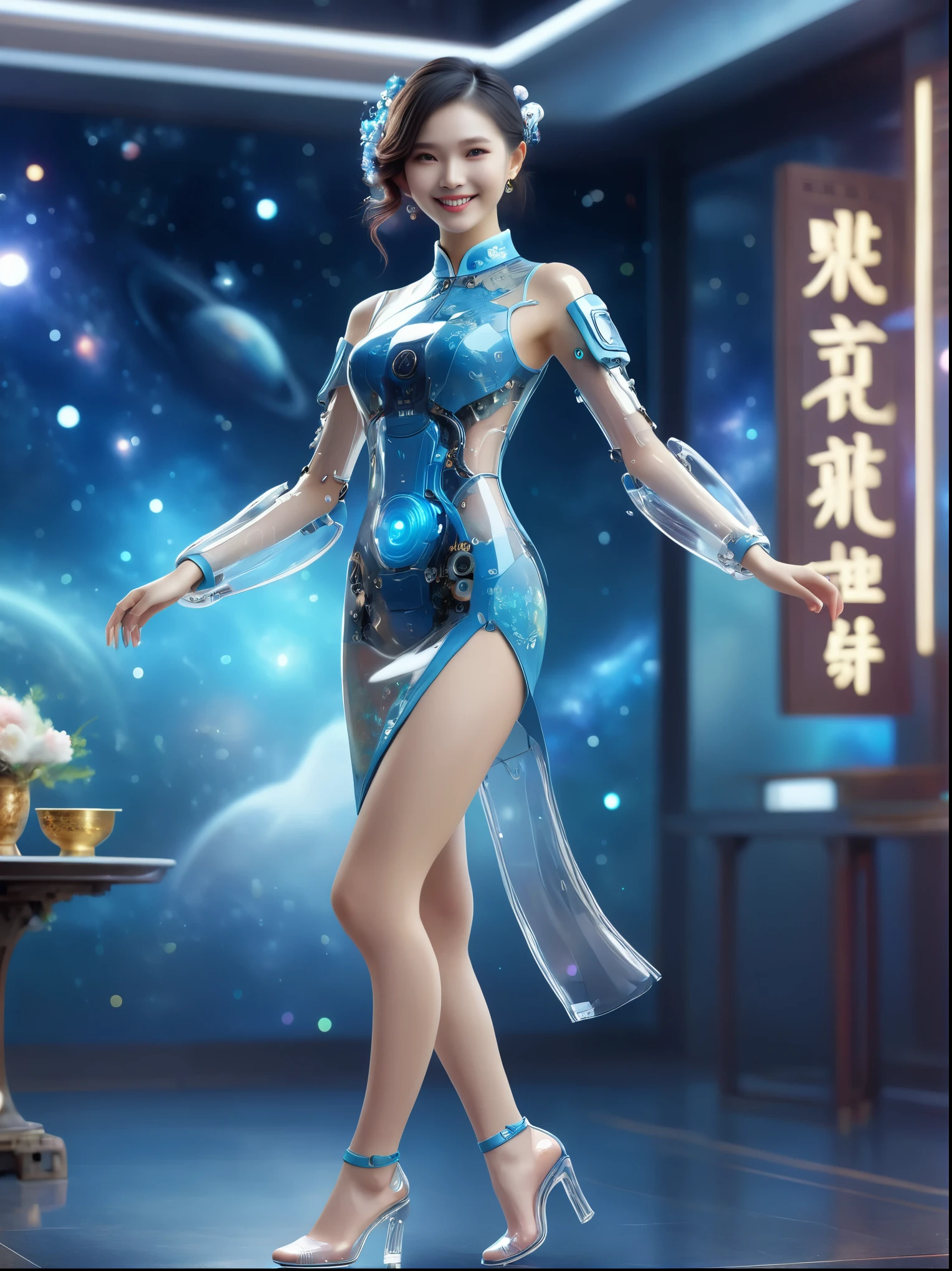1xknh1, (full-body shot:1.4), Space Art, 1 Cheongsam woman,whole body,Standing,Transparent robotic arm,slim body,Perfect proportions,Exquisite hair accessories,Smile,Transparent mechanical shoes,Oriental elements,(bokeh),high quality,4K,3d