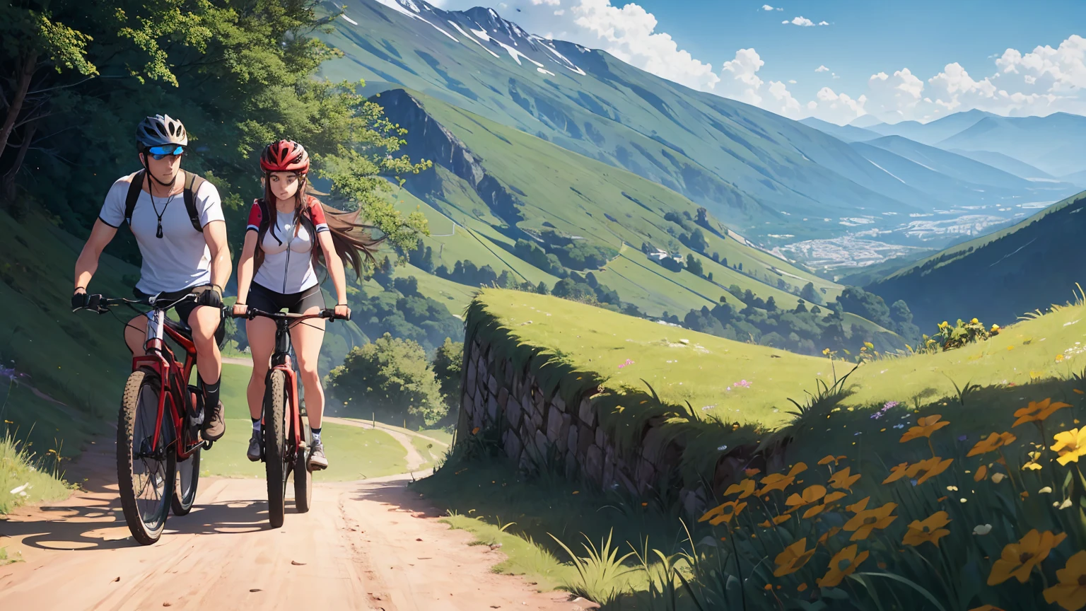 a couple of a latin girl and a european guy having a MTB bike ride in the mountain