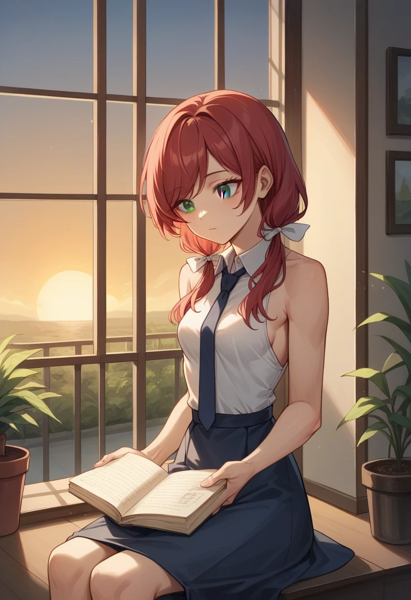 (masterpiece, best quality), 1girl, stoic, sitting on windowsill and reading book, beautiful face, upper body, close up, Gray eyes, red hair, swept bangs, low twin tails, white ribbons, sleeveless halter neck backless white collared shirt, dark blue necktie, dark blue skirt, small breasts, toned arms, sunrise, fluttering curtains, hallway, potted plants 