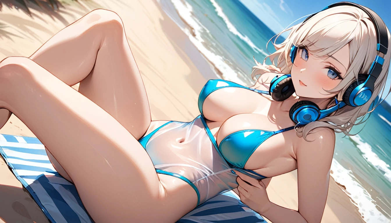 ((Top Quality)), ((Masterpiece)), ((Detail)), Perfect face, Perfact bodty, sitting on the beach, listening to music, wearing headphones, wearing swimsuits, swimsuits are transparent, legs open Sitting wide open, wearing tight clothing (yes, buttocks and breasts are exposed). I see a face, one women