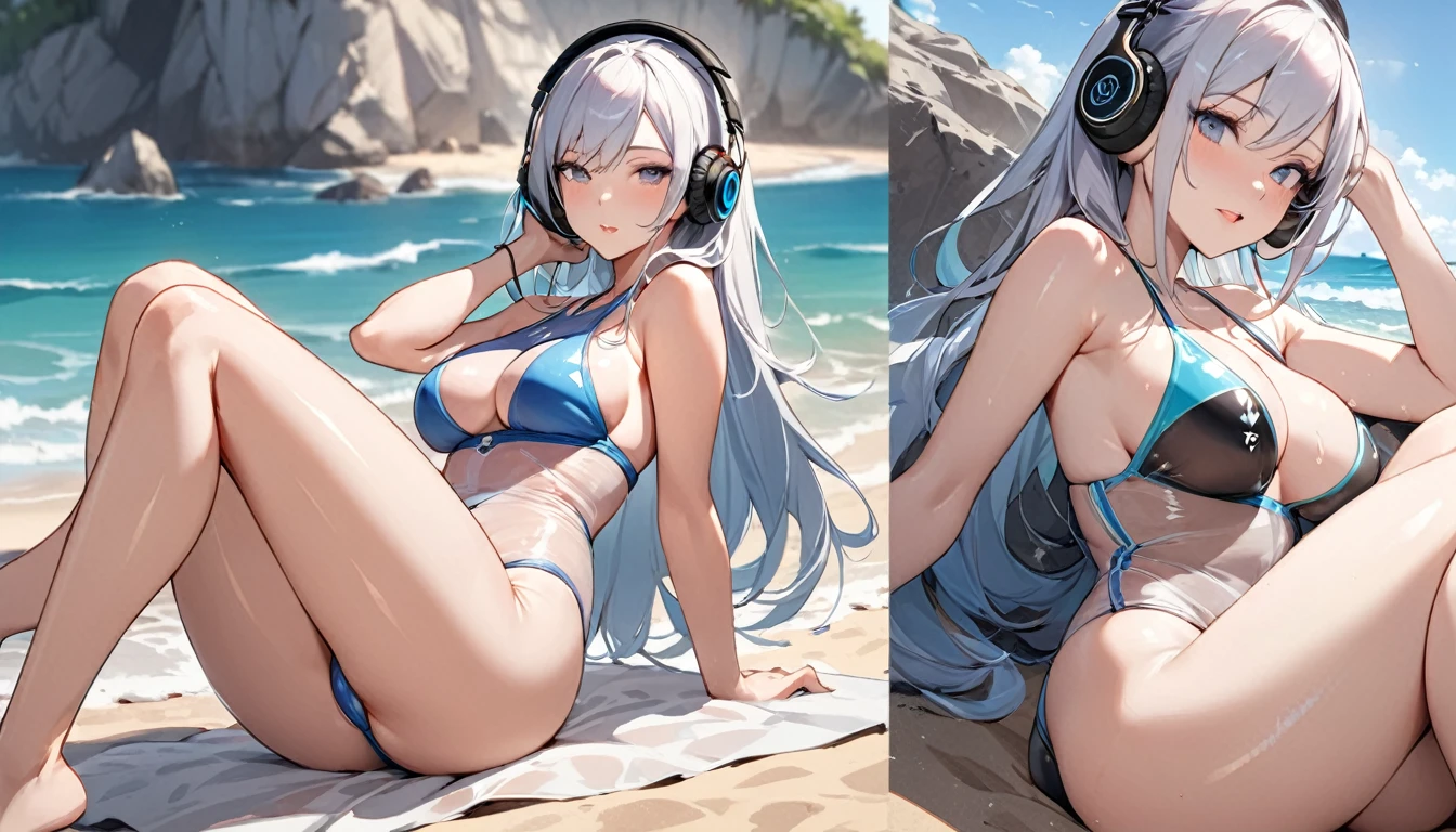 ((Top Quality)), ((Masterpiece)), ((Detail)), Perfect face, Perfact bodty, sitting on the beach, listening to music, wearing headphones, wearing swimsuits, swimsuits are transparent, legs open Sitting wide open, wearing tight clothing (yes, buttocks and breasts are exposed). I see a face, one women
