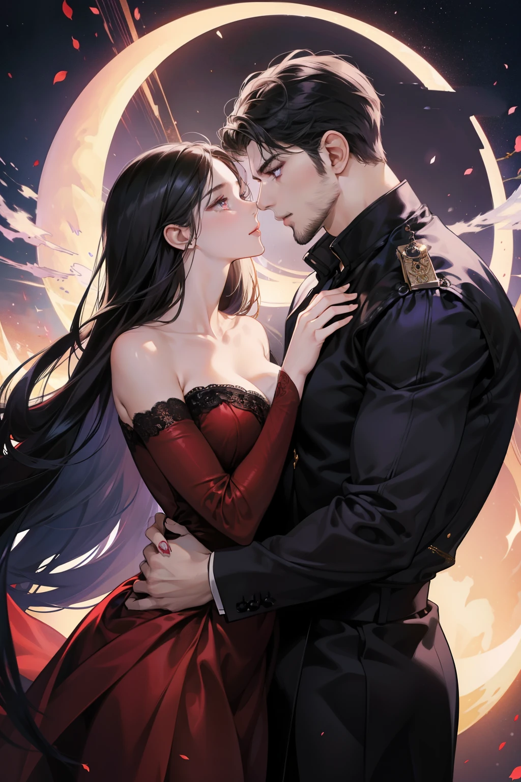 In an ethereal moonlight scene, a striking couple shares a passionate, sensual kiss, their dark, enchanting silhouettes standing out against the backdrop of a celestial moon. On one side, a slim and elegant woman with long black hair, her eyes, adorned with dragon pupils and a mesmerizing purple hue, gazes lovingly into her partner's eyes. She is dressed in a heavenly dark satin red dress, the silken fabric shimmering with gold details, her plump, seductive lips glistening with lip gloss.
On the other side, a muscular man with a short, well-maintained beard radiates an