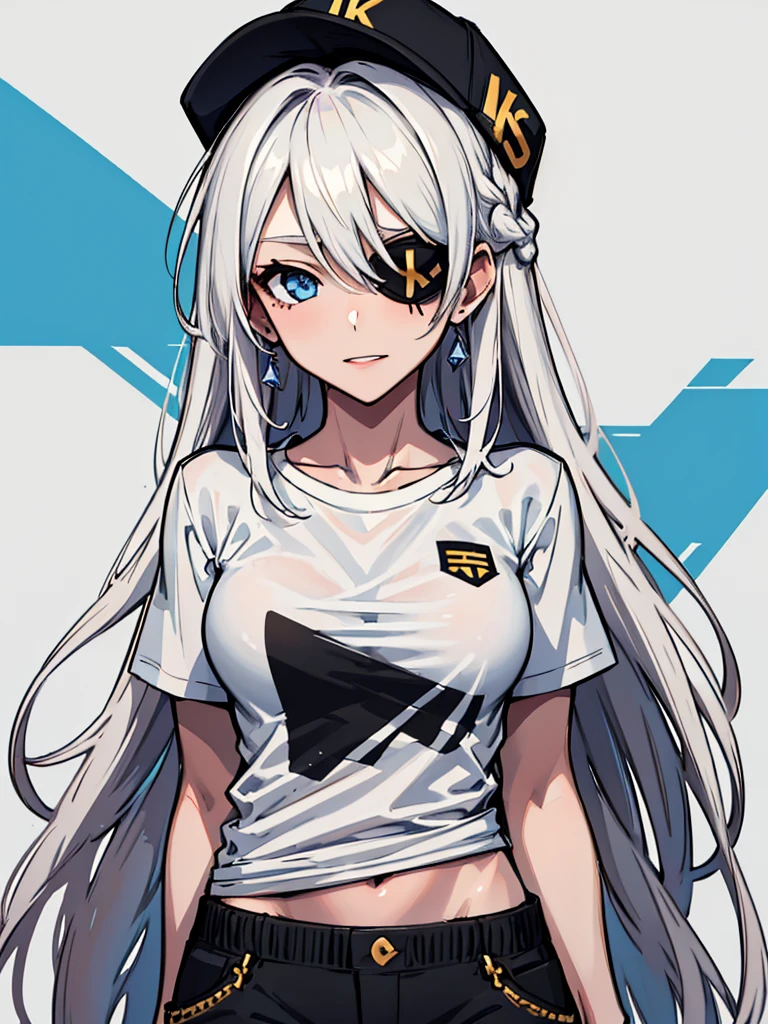 (absurdres, 8k, 4k, masterpiece, hyper extreme detailed:1.2), solo, 1girl, portrait, best quality, expressive eyes, perfect face, portrait, looking at viewer, solo, standing, casual wear, toned, white haired, eye patch, braided hair, long hair, medium breasts, scars, blue eyes, very long hair, military, shorts, white t-shirt, toned body, athletic body, muscular, friendly, calm, graphic t-shirt, medium bust, graphic t-shirt, baseball cap,