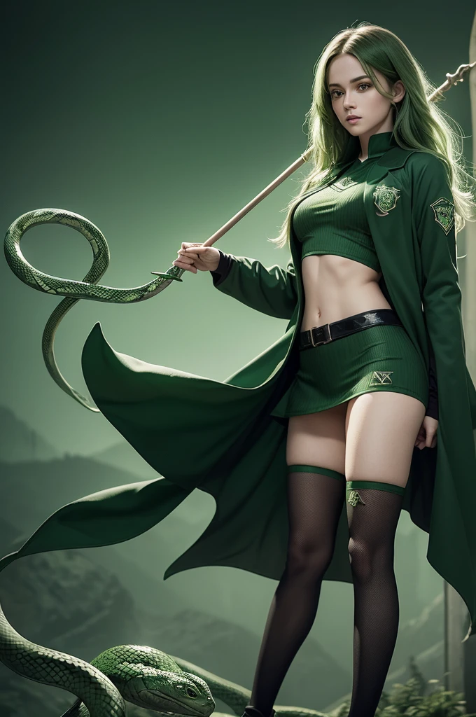 create a sexy Slytherin Quidditch sports uniform from the world of Harry Potter, preferably with green and black tones and a snake emblem on the chest.