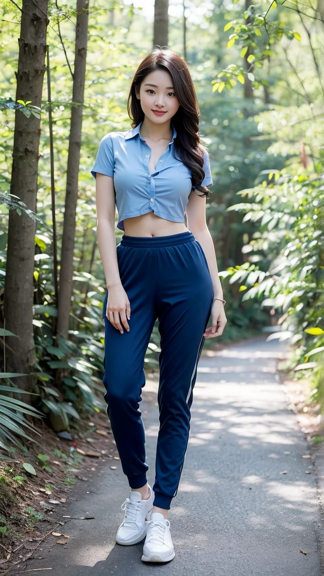 masterpiece, best quality, Surreal, Ultra Detailed, 8k resolution, RAW photos, Clear focus, (A girl in the forest), ((navy blue shirt:1.1)), Short sleeve, Long sweatpants,Full body posture, Solitary, Perfect body, Become a, 36 inches in the chest,(a charming smile:1), (sexy pose)，26 years old, light,White shoes