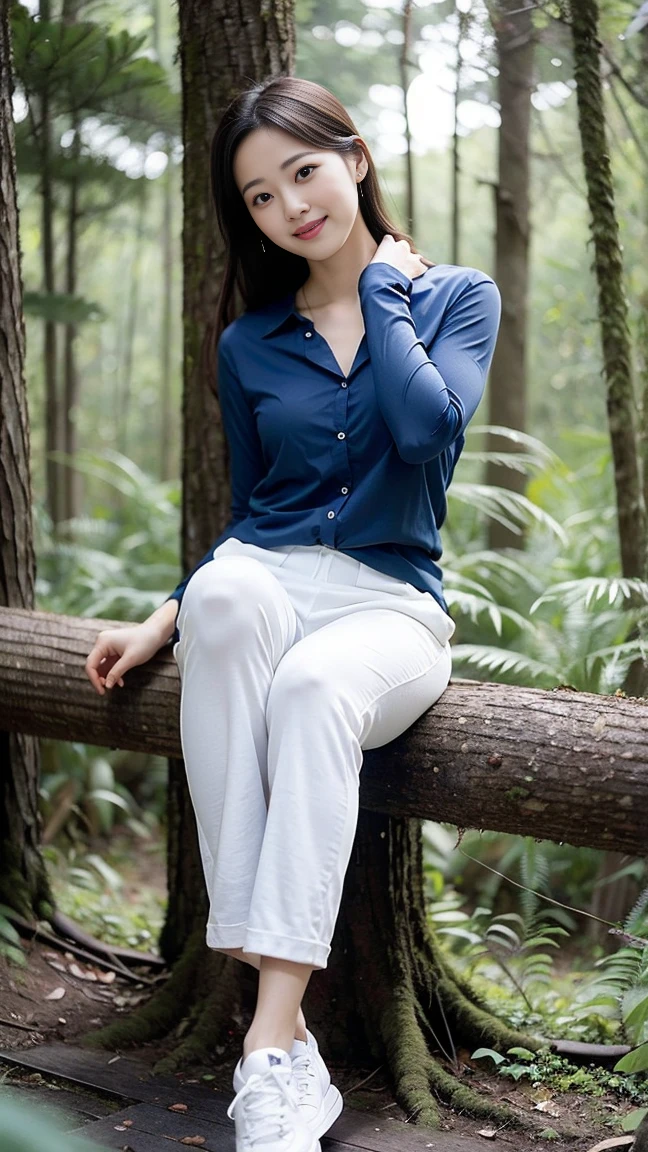 masterpiece, best quality, Surreal, Ultra Detailed, 8k resolution, RAW photos, Clear focus, (A girl in the forest), ((navy blue shirt:1.1)), Short sleeve, Long sweatpants,Full body posture, Solitary, Perfect body, Become a, 36 inches in the chest,(a charming smile:1), (sexy pose),26 years old, light,White shoes