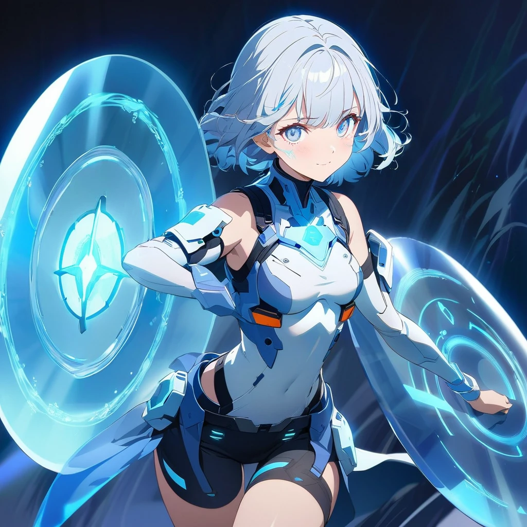an image of a gentle girl with short, silvery-blue hair, wearing a futuristic, battle-ready outfit with glowing blue elements. She has a kind expression on her face, characterized by soft, warm eyes and a gentle smile with relaxed features. She is generating a large, translucent energy shield that shimmers with blue light, protecting herself and an area around her. The girl should be in a dynamic yet gentle pose, with one hand outstretched towards the viewer as if she's directing the shield and the other hand resting gently by her side. Her stance is strong yet relaxed, with one leg slightly bent. The background is dark and dramatic, with hints of blue light and energy waves illuminating their figures. The shield should have intricate, glowing patterns, enhancing the sense of her power and gentle control, (nude:0.9), detailed gorgeous face| anime style| key visual| intricate detail| highly detailed| breathtaking| vibrant| panoramic| cinematic| Carne Griffiths| Conrad Roset| gibbli 8k