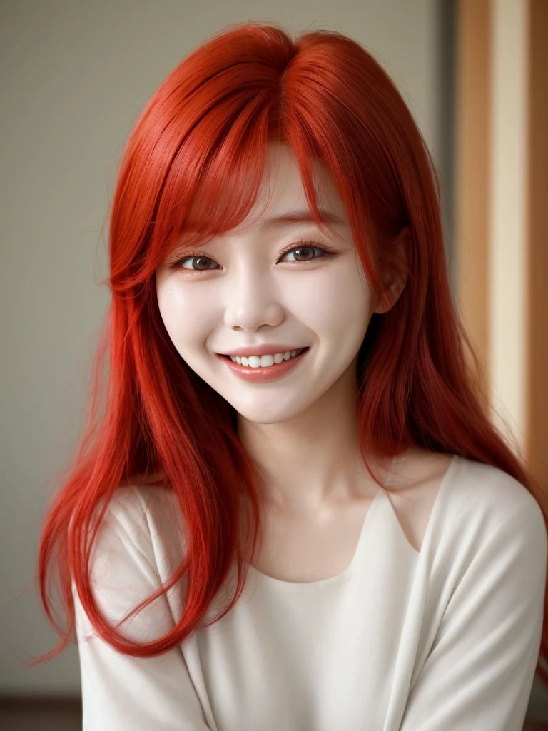 Korean woman with red hair smiling