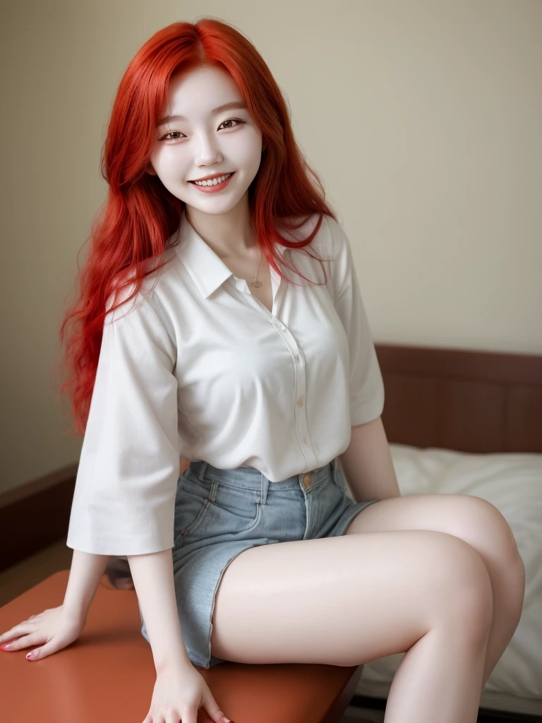 Korean woman with red hair smiling