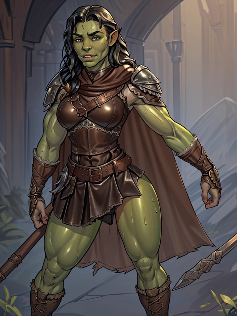 (((solo))), female-orc, tall, High quality, highly detailed, masterpiece, RAW photo, best quality, (small biceps), (cute feminine face), ((no abs belly), thin waist, (((green skin))), (thin hips), big nose, thick lip, black hair, ((loose hair)), long hair, (pleasure), very sweaty, wet, cinematic lighting, lush illumination, (thin arms), (thin legs), big lips, small breasts, muted colors, (((leather armor, skirt))), belts, (((big pauldrons, intricate details))), (((fur cape))), boots