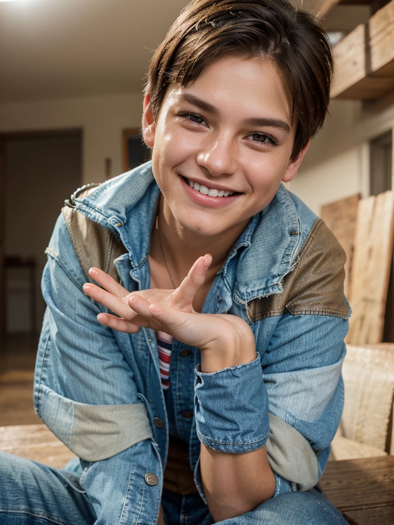 boy,clean-shaven face,short hair,clear skin,denim jacket,happy smile,brown eyes,blue jeans,portraits,vivid colors,warm color tones,natural lighting,ultra-detailed,studio lighting,fun and playful,happiness,joyful expression, not tattos