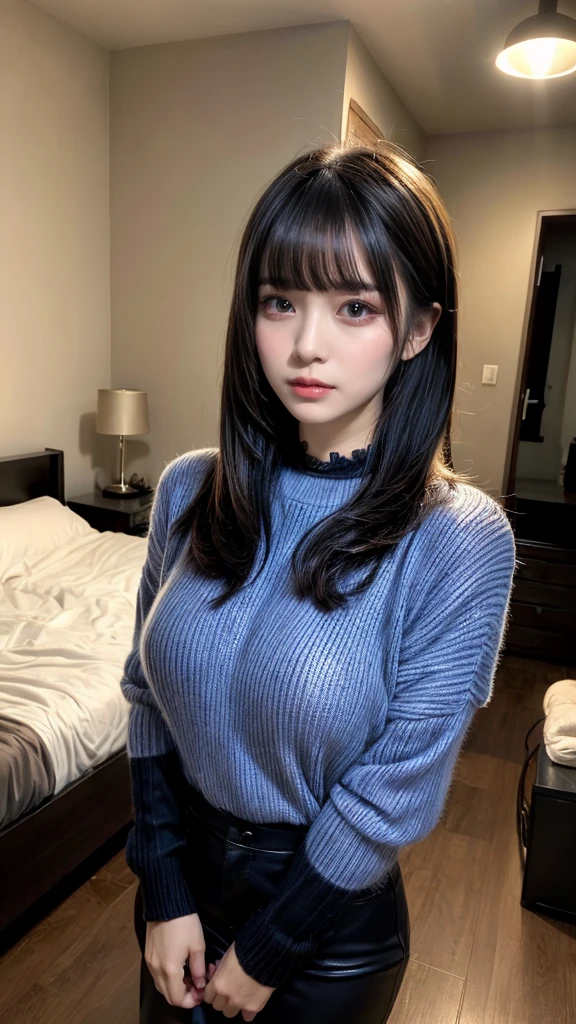 highest quality、8k、32k、masterpiece、Super vivid、Highest quality、8k full vision, Cinematic lighting:1.2)、(Blue right), One Girl、Long Hair Girl、Beautiful Japanese Women、Black-haired、Heavy bangs、Long sleeve shirt、Hair length、Fluffy white sweater、Don't expose it、choker、plump breasts, (jirai type fashion、jirai type makeup, Jirai Type Girl), Sparkling under-eye bags、red glitter eye makeup, full body、

indoor、moonlit room、Dark Room、dim、A room in an apartment with a sense of life、A messy room、Messy room、