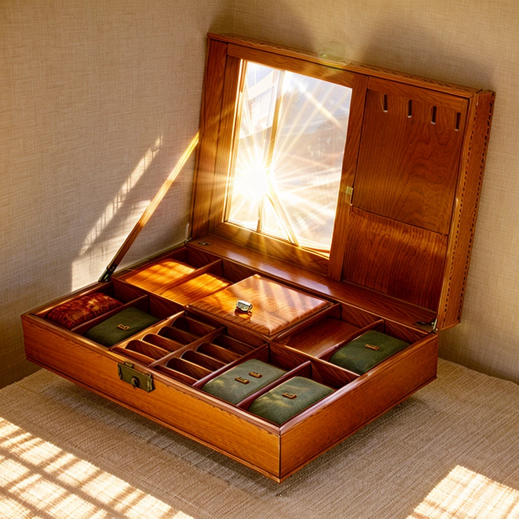 In this cozy room，A ray of sunlight shone through the half-drawn curtains on the table，Let the wood grain on the watch storage box shine with a faint luster。There was a calm and peaceful atmosphere in the air around them。There are several still lifes hanging on the walls of the room，It adds a touch of elegance to the space。And on the other side of the room，The half-open window lets in the breeze，The pages on the small desk by the window turned in the wind，This quiet scene gives a sense of tranquility and comfort。


