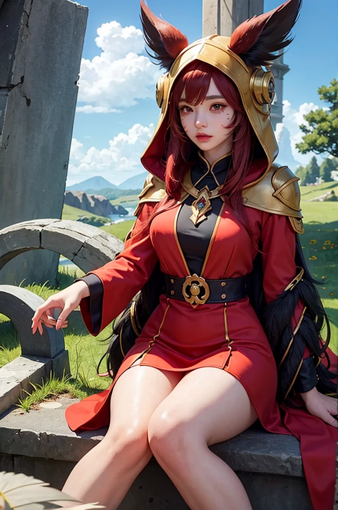 Grass, sky, Field, League of Legends, 1 girl, animal ears, bandage legs, long legs, bandage, bandage, bird legs, bird skull, layer, Shut up, ears through headdress, eyes visible through hair, facial marks, feathers, hood, hooded layer, wide, yellow eyes, Red hair, armor, blue chal, chal, chal, chal, chal wide, hooded chal, red dress, dress, nose ring, nostrils