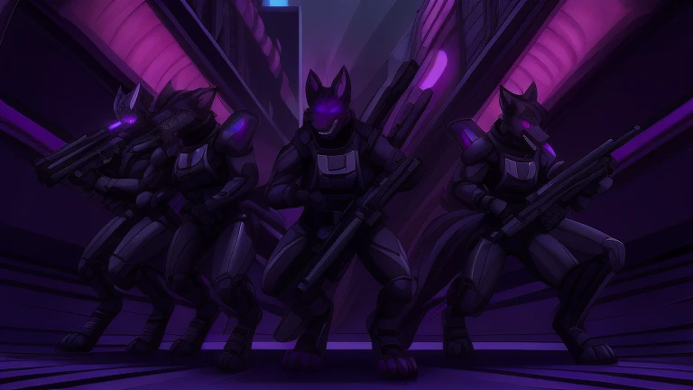 Vortex group of female and male hellhounds, using a gray latex suit, and a black techno collar, hypnotized with glowing purple eyes without iris or pupils, big, using a Pulse Rifle, Energy Rifle, Futuristic assault rifle, fight action pose, angry growling, full body image, running through the streets of hell background