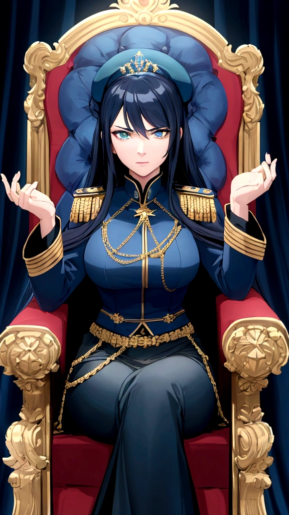 a very beautiful and seductive woman with the face of the reference image, sitting on an ornate throne chair, wearing a dark blue military uniform in Prusian Blue tone, details on the clothing in highly detailed aquamarine green, 8K, Masterpiece artwork, cinematic lighting, dramatic pose, Bright dark, details Intricate, rich colors , chic, majestic, look low and arrogant from top to bottom, mighty, with an imposing pose, age between 30 and 40 years, don't wear a skirt, wears pants, with bottom-up camera