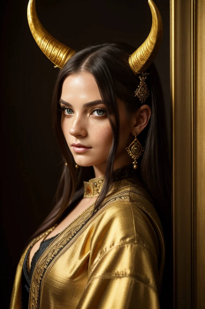 A photorealistic portrait of a mysterious and ethereal female character with striking demonic features. She has large, spiraled horns and pointed ears, her piercing golden eyes glowing with an otherworldly intensity. Her dark hair is tousled, contrasting against her pale, freckled skin. She wears an intricately designed black garment with golden embroidery that adds a regal touch to her dark allure. ((High details:1.5)), ((best quality:1.6)), ((masterpiece:1.6)). BREAK

**Character Details:**

- **Horns:** Large, spiraled, and textured with intricate ridges, creating a menacing yet elegant appearance.
- **Eyes:** Golden, glowing with an ethereal light, giving her a captivating and intense gaze.
- **Ears:** Pointed, adding to her demonic yet enchanting look.
- **Hair:** Dark, tousled, framing her face and accentuating her horns and eyes.
- **Skin:** Pale with delicate freckles, providing a contrast to her dark hair and eyes.

**Attire:**

- **Garment:** Black with intricate golden embroidery, giving her a regal and mysterious aura. The fabric is detailed and richly textured, adding depth to her appearance.

**Setting:**

- **Background:** A textured, warm golden backdrop that complements her glowing eyes and the golden embroidery on her attire, creating a cohesive and visually striking image.

**Artistic Inspiration:**

- **Kehinde Wiley:** For photorealistic portrait techniques and intricate details.
- **Yoshitaka Amano:** For ethereal and fantastical character design.
- **Alphonse Mucha:** For elegant and intricate patterns in the attire.
- **H.R. Giger:** For the dark, surreal, and otherworldly elements.

**Photography Details:**

- **Lens:** Portrait for detailed and intimate character depiction.
- **Camera Angle:** Frontal view to capture her full facial details and expression.
- **Lighting:** Soft and warm to enhance the golden tones and the ethereal glow of her eyes.