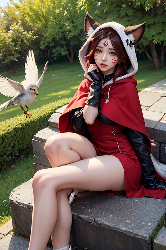 Grass, sky, Field, League of Legends, 1 girl, animal ears, bandage legs, long legs, bandage, bandage, bird legs, bird skull, layer, Shut up, ears through headdress, eyes visible through hair, facial marks, feathers, hood, hooded layer, wide, yellow eyes, Red hair, armor, blue chal, chal, chal, chal, chal wide, hooded chal, red dress, dress, nose ring, nostrils