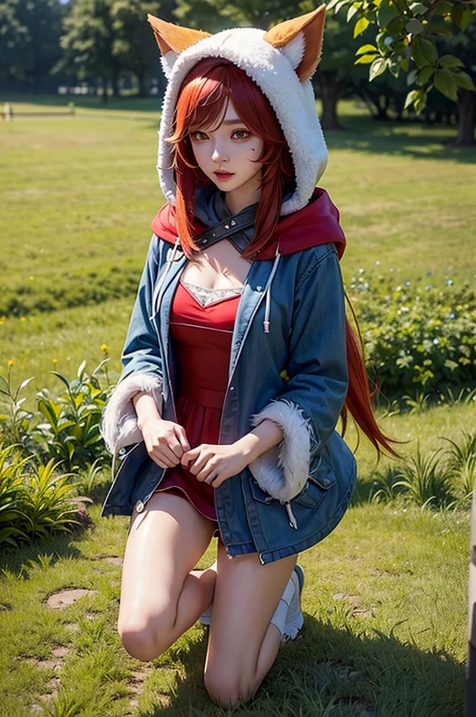 Grass, sky, Field, League of Legends, 1 girl, animal ears, bandage legs, long legs, bandage, bandage, bird legs, bird skull, layer, Shut up, ears through headdress, eyes visible through hair, facial marks, feathers, hood, hooded layer, wide, yellow eyes, Red hair, armor, blue chal, chal, chal, chal, chal wide, hooded chal, red dress, dress, nose ring, nostrils