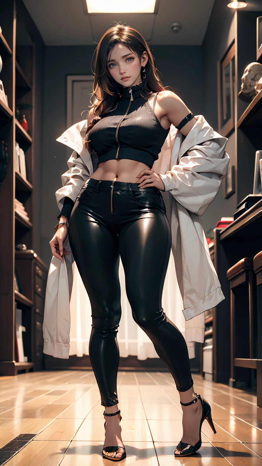 24 year old Caucasian female、Sexy proportions、Sexy、Wear a high-neck zipper-up top、Wear low rise leggings、Wear stiletto heelarble floors stretching to the horizon、Telekinesis is used to make a shiny black cube float at the tip of one's finger.