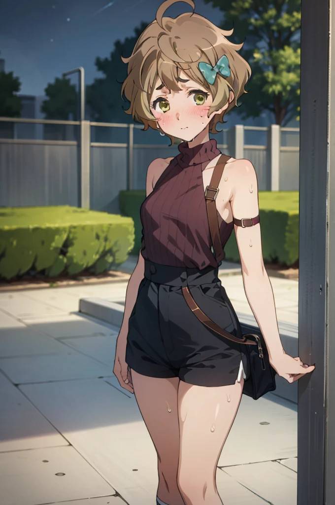 solo, 1girl, looking at viewer, , sapphire kawashima, ,(((Sweating,blush))),outdoor,night,standing,,socks,small breasts,,shoulder strap,high waist shorts,sleeveless,sweater