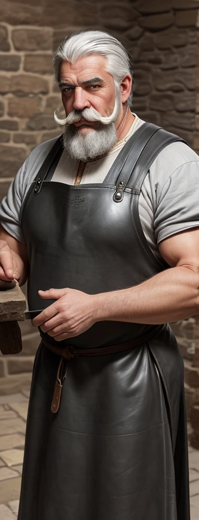 A man with gray hair and a thick mustache.
Has strong shoulders and arms.
Dress in comfortable medieval clothing.
Over his clothes he wears a blackish leather apron..
It is in a blacksmith shop built with stone bricks.