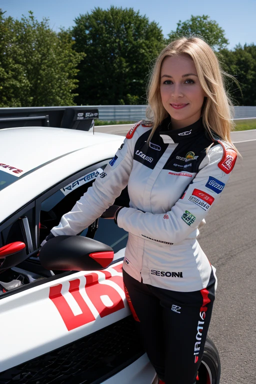 blonde racing driver, combinaison de course, voiture de course, Longhaire, intricate details