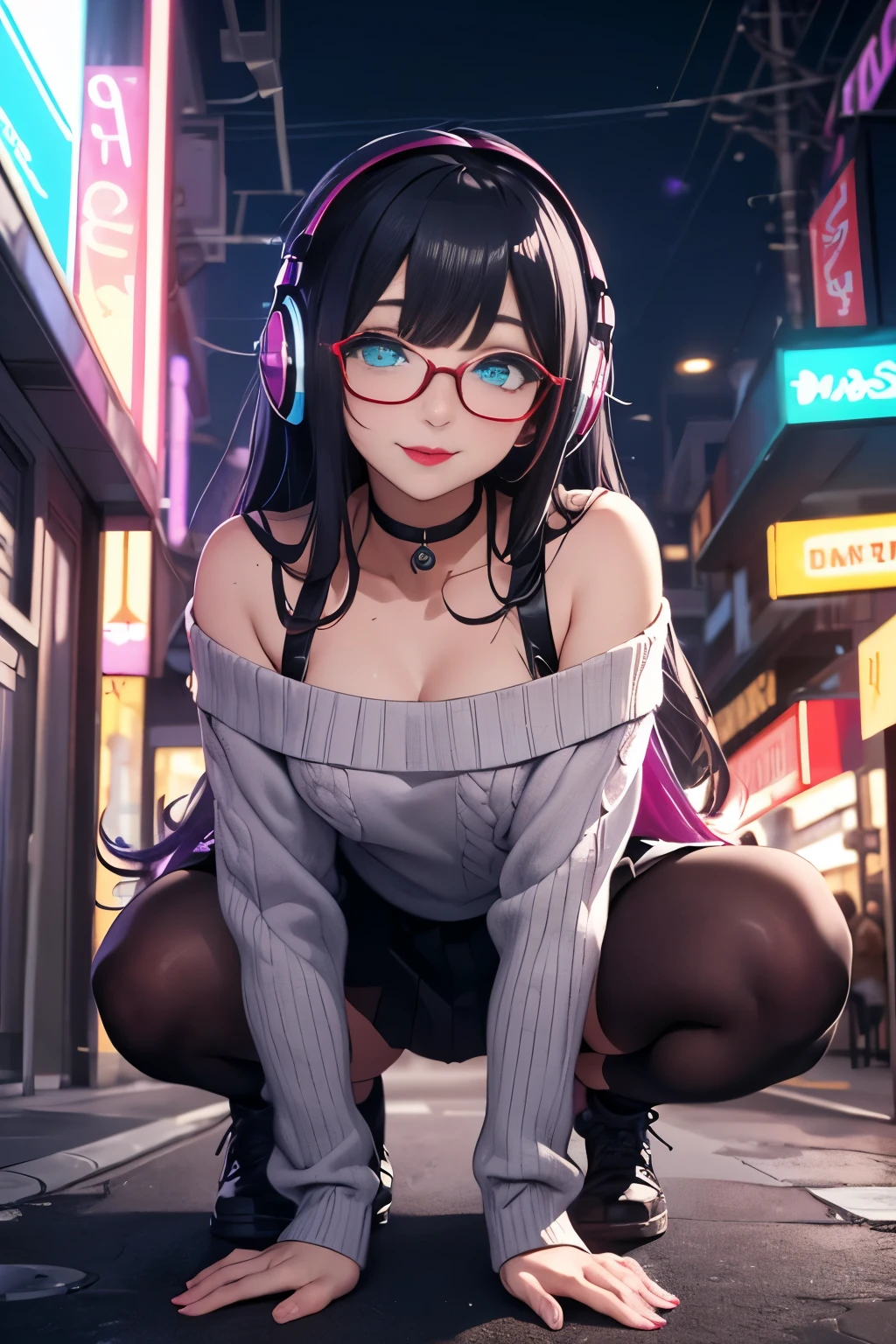 ((best quality)), ((masterpiece)), ((detailed eyes)), perfect face, female, gamer girl, ((aqua eyes)), (cherry-red lips), light smile, long black hair, purple streaked hair, wearing headphones, bangs, ribbon, choker, nerdy glasses, she is wearing white off-shoulder sweater, she is on the ground on her knees, missionary pose, ((legs spread open)), black skirt, nighttime, neon lights, colorful lights, purple and cyan themed background
