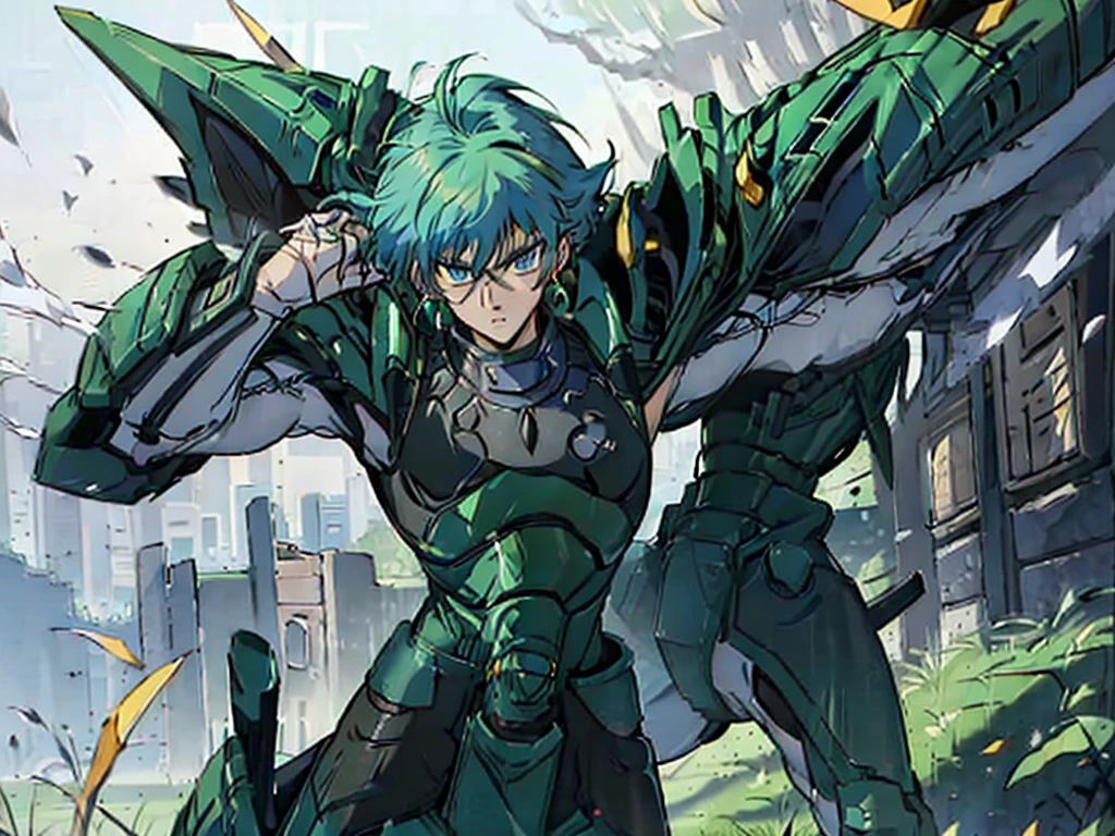 (masterpiece, high quality, vibrant colors:1.0, anime style, 1980s /(style/), retro art style, clean brush strokes, highly detailed, perfect anatomy),((Korin Seiji)), 1 male, solo,(blonde hair, short hair, messy hair, asymmetrical parting, flipped hair),(beautiful eyes detailed), blue eyes, straight face, cowboy shot,(huge chest:1.2, green armor, Korin armor), slim waist:1.0, wide hips:1.4,(waist armor, Korin, realistic, highly detailed),(standing, leaning low, legs spread, holding a samurai sword), looking at viewer,(cave background, on a rock),(front view, shot from below), holding a samurai sword in hand,score_10_up, score_9_up, score_8_up, score_7_up, score_6_up, score_5_up, score_4_up,score_3_up, score_2_up, score_1_up,