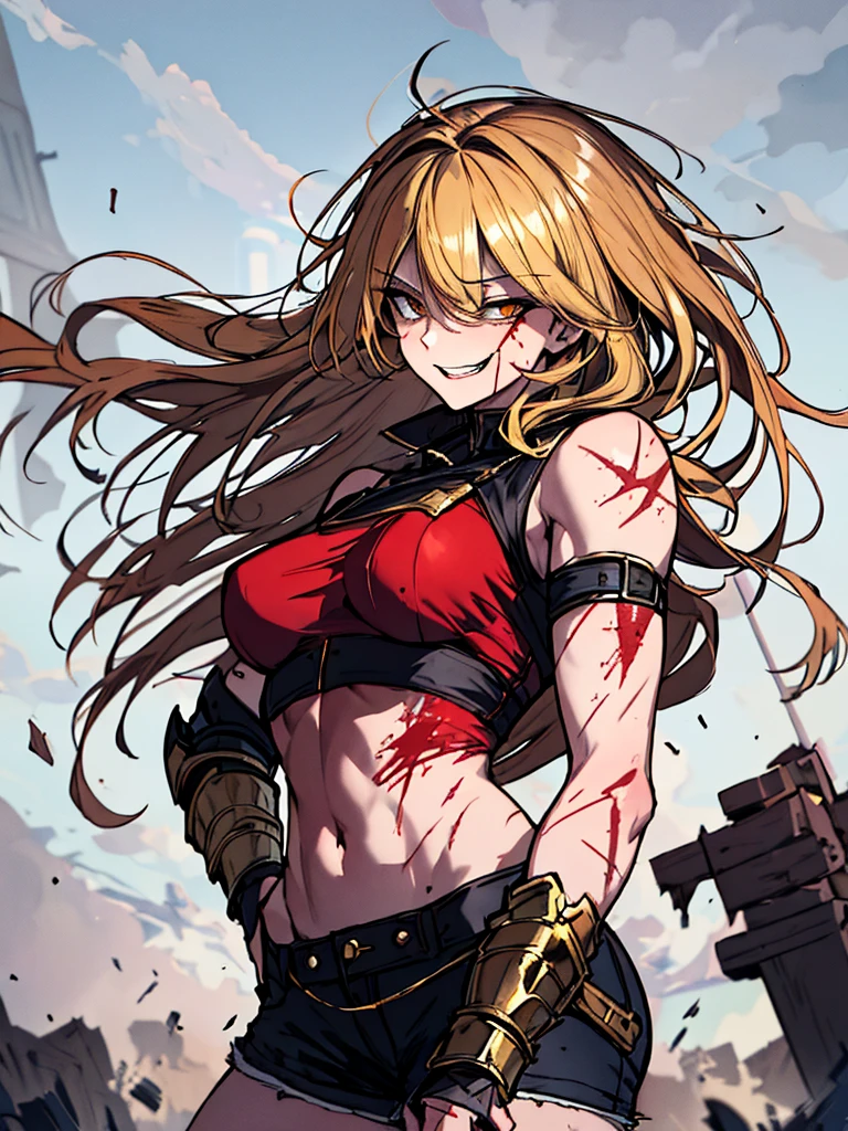 (absurdres, 8k, 4k, masterpiece, hyper extreme detailed:1.2), solo, 1girl, front view, portrait, best quality, expressive eyes, perfect face, perfect anatomy, cowboy shot, 1girl, portrait, solo, standing, Female, toned body, female, small breast, hair covering one eye, long hair, adult, gold eyes, psychotic, laughing, blood, bloody, falling, clouds, crazy eyes, messy hair, swept bangs, perfect anatomy, front view, apocalypse background, t-shirt, shorts, scars, scuffs, injuries, reckless, dangerous, blonde hair, insane, crazy, chaotic, destruction, death, burning church background, emotionless, evil, restless, cold, malicious, menacing, anti hero, dark magic, demonic, bleeding, restless, cloak, armor, torn clothing, tattered clothes, pale skin, blackened armor, sword, smirk, full body, gauntlets, grieves, sinister, survivor,