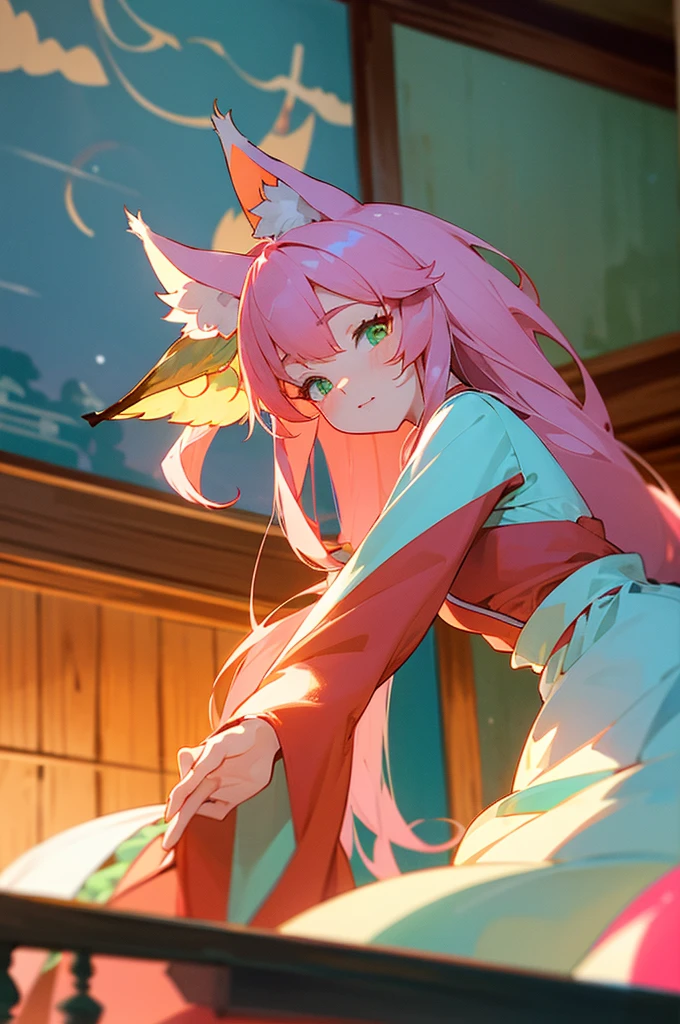 kitsune idol in a tavern, foxgirl, fox ears, fox tails, pink hair, green eyes, light blue idol dress, tavern background, high quality, masterpiece