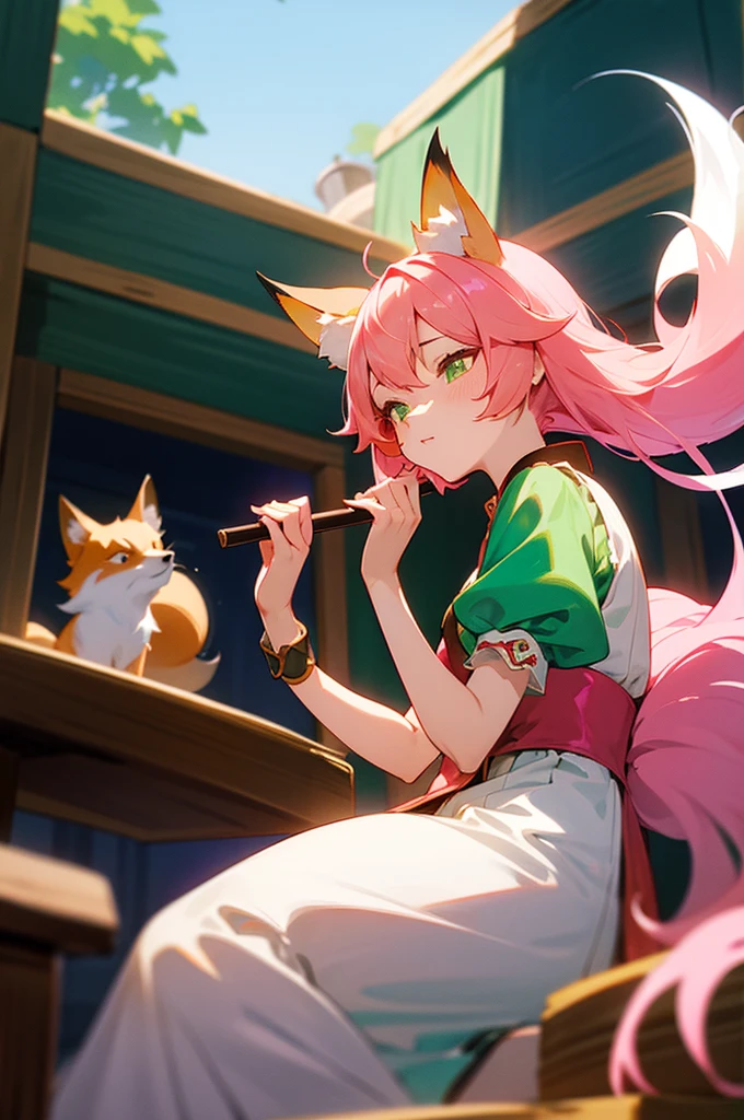 kitsune idol in a tavern, foxgirl, fox ears, fox tails, pink hair, green eyes, light blue idol dress, tavern background, high quality, masterpiece